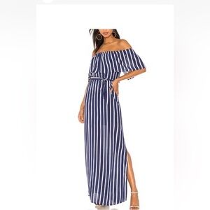 Alice + Olivia White & Blue Striped Off-the-Shoulder Maxi Dress – Size 8